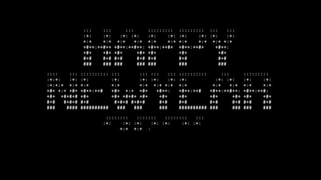 Happy New Year 2024 ascii animation loop on black background. Ascii code art symbols typewriter in and out effect with looped motion.
