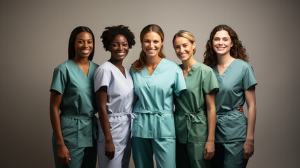 Group of happy healthcare workers in scrubs, standing together and smiling in hospital. isolated background.