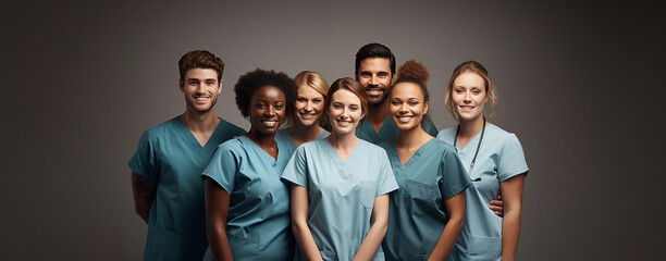 Group of happy healthcare workers in scrubs, standing together and smiling in hospital. isolated background.