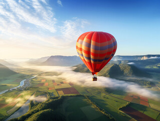 A colorful hot air balloon floats peacefully above stunning scenic landscapes in vibrant colors.