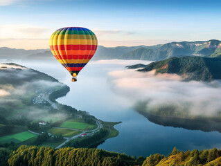 "Colorful hot air balloon floats above breathtaking landscapes during a serene ride in the sky."