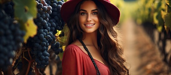 A woman with red grapes in a vineyard. - obrazy, fototapety, plakaty