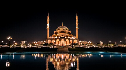 The largest mosque on Sharjah with reflection effect to the water