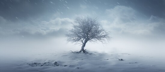 A tree is surrounded by a snow blizzard. - obrazy, fototapety, plakaty