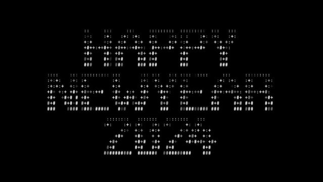 Happy New Year 2024 ascii animation on black background. Ascii art code symbols with shining and glittering sparkles effect backdrop. Attractive attention promo.