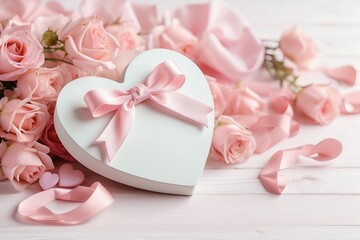 pink roses and box on wooden background