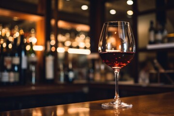 glass of wine on wooden table, A glass of wine is placed on the counter inside the bar, AI Generated - obrazy, fototapety, plakaty