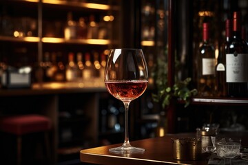 red wine glass with ice, A glass of wine is placed on the counter inside the bar, AI Generated