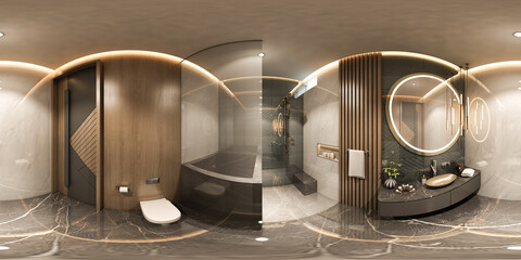 360-degree round 3D illustration that features a seamless panorama of a bathroom interior design in a modern luxury style