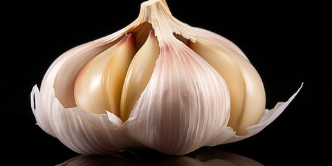 A close-up of a single bulb of organic garlic isolated against a black background.
