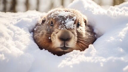 A cute, fluffy marmot crawled out of its hole among the white snow on a sunny day.
