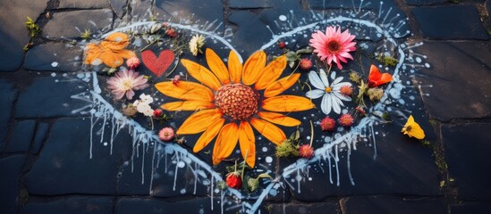 Vika L.'s name and drawings of sun, hearts, and flowers on asphalt.