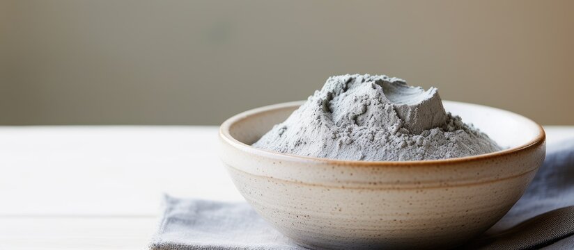 Close-up of gray bentonite clay in a small white bowl--DIY mask, body wrap recipe. Natural spa treatment, top view, copy space.