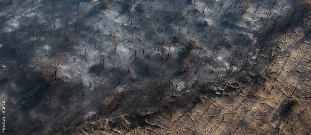 Sticker Aerial perspective of forest and field fire aftermath, showing burnt ground and black ash layer, shot from low height with downward view.