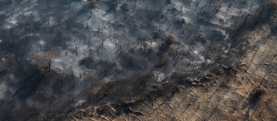 Aerial perspective of forest and field fire aftermath, showing burnt ground and black ash layer, shot from low height with downward view. - obrazy, fototapety, plakaty