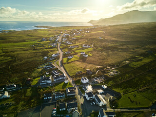 Irelands West on Achill Island. Drone shot of a city on the west coast