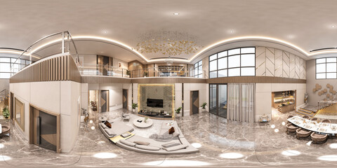 360-degree round 3D illustration that features a seamless panorama of a house interior design in a modern luxury style