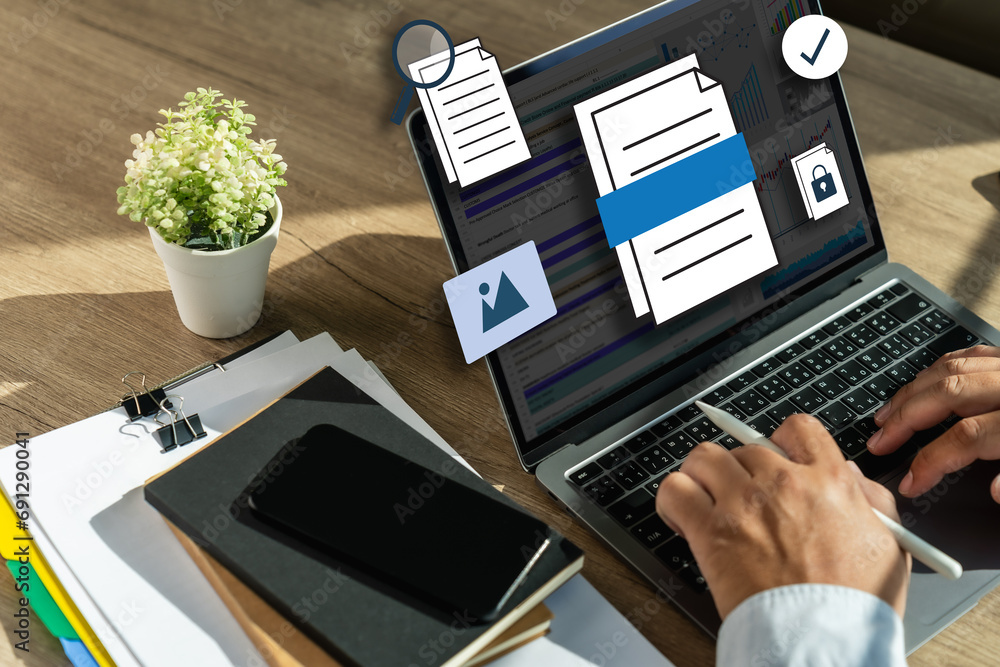Poster businessman working with laptop computer document online in doc documents software for online analys