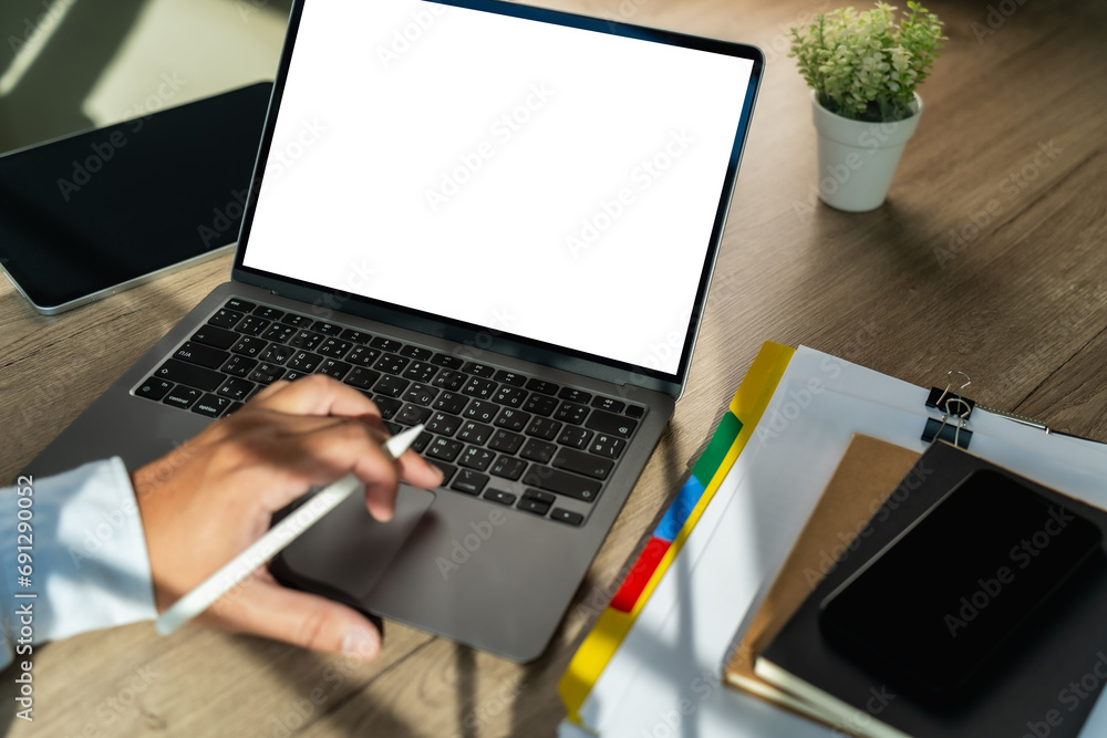 Poster young man working businessman using a desktop computer of the blank screen