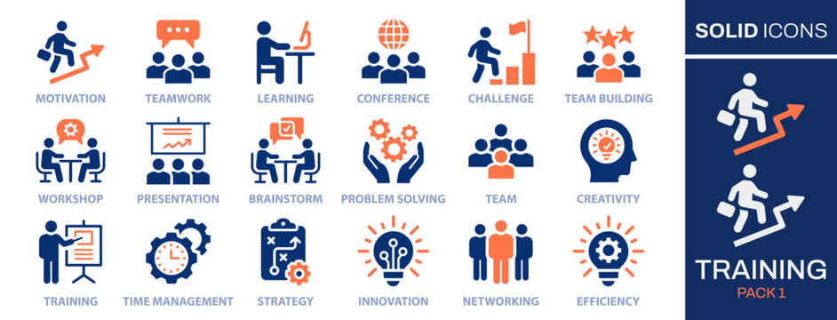 Training icon set. Collection of workshop, teamwork, skill, team, seminar and more. Vector illustration. Easily changes to any color.