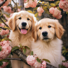 two golden retriever puppies with a blossoming magnolia branch with blossoming trees in spring