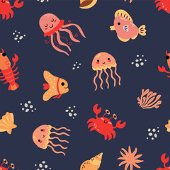 Seamless pattern with sea animals. Crabs, crayfish, jellyfish, fish. Infinite design for your design.	