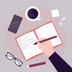 Businessman, creator or student uses pen to writing notes or to do list. The author writes text in textbook or notebook. Copywriting, education. Top view, workspace.