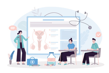 Medical students learning urology course, woman tutor talks about urinary system and kidneys. Ureter disease and pathogens.