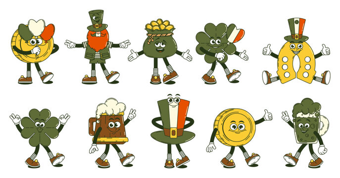 Happy Saint Patricks Day retro set characters. Funky groovy cartoon Leprechaun, coin, clover and other. Vintage funny mascot stickers psychedelic smile and emotion. Comic trendy vector illustration