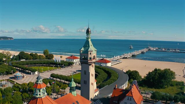 Drone view of city center of Sopot in Poland towards the baltic sea and pier