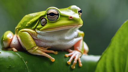 Green Frog Sits On Top Of A Leaf Background, natural setting, often found in ponds, lakes, or wetland environments. 
