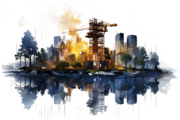 Digital illustration showcasing building construction engineering through double exposure graphic design against an isolated white background.