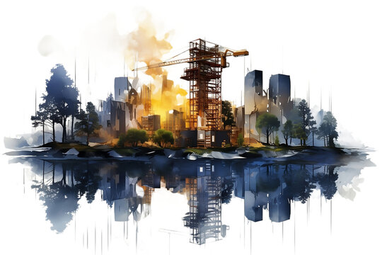 Digital illustration showcasing building construction engineering through double exposure graphic design against an isolated white background.