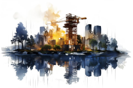 Digital illustration showcasing building construction engineering through double exposure graphic design against an isolated white background.