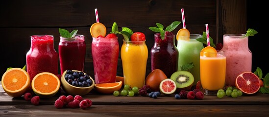 Assorted fresh fruit drinks and protein cocktails on wooden table.