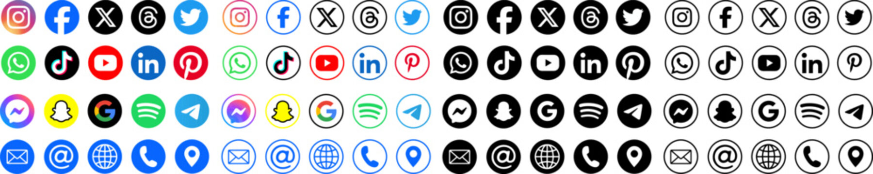Social media icons. Instagram, Facebook, X app, Threads, Twitter, WhatsApp, TikTok, YouTube, Google, LinkedIn round logo set. Vector editorial illustration