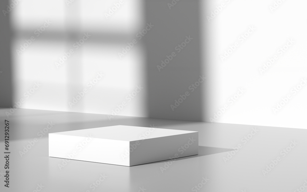 Poster white square empty podium or stand with window shade on white background.