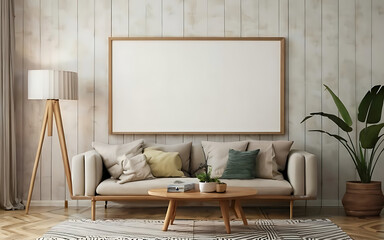 Mockup frame in cozy simple living room interior close up, 3d render. Ai Generated