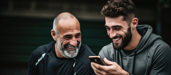 Athlete and coach with phone, reading online meme after training, laughing in outdoor ring.
