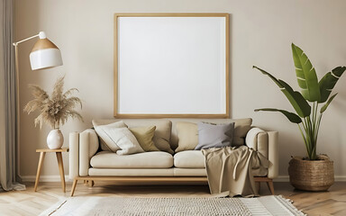 Mockup frame in cozy simple living room interior close up, 3d render. Ai Generated