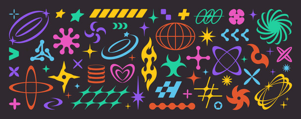 Y2K Icon Set. Abstract Vector Geometric Shapes and Forms. Retro Futuristic Elements