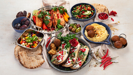 Middle eastern or Arabic dishes on light background. Tasty traditional food - obrazy, fototapety, plakaty