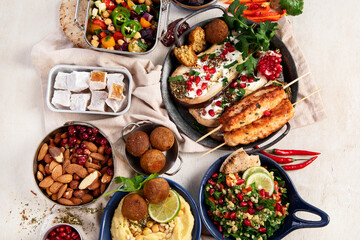 Middle eastern or Arabic dishes on light background. Tasty traditional food
