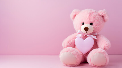Pink teddy bear with a pink heart on a pink background with copy space.