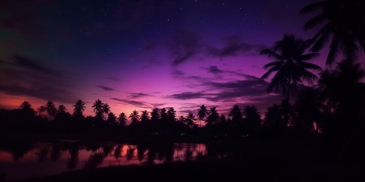 silhouettes of palm trees against a purple starry sky