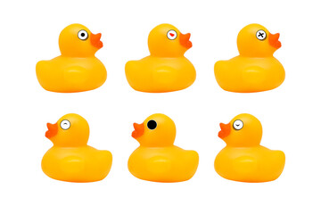 Yellow ducks with 6 emotions isolated on white background