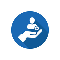 Patient icon. Customer icon with add, additional sign. Patient icon and new, plus, positive symbol. Icon, patient, customer, extra, care, create, new, safety, support, client, person