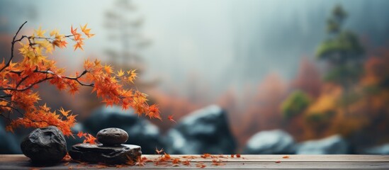 Autumn banner with vibrant branches, stone podium, blurred window view with raindrops, larch forest. Natural beauty. - obrazy, fototapety, plakaty