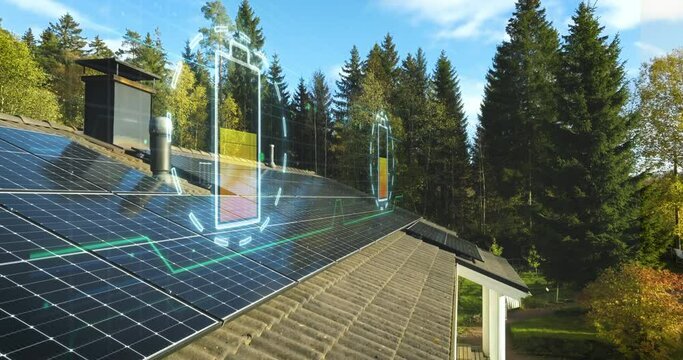 Charging battery visualization on house roof with solar panels - CGI render