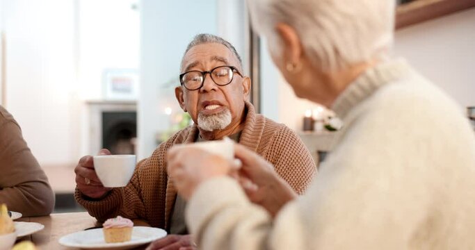 Tea party, friends and conversation with an old man in a retirement home together for bonding in the morning. Food, drink and a group of senior people talking in the living room of an apartment